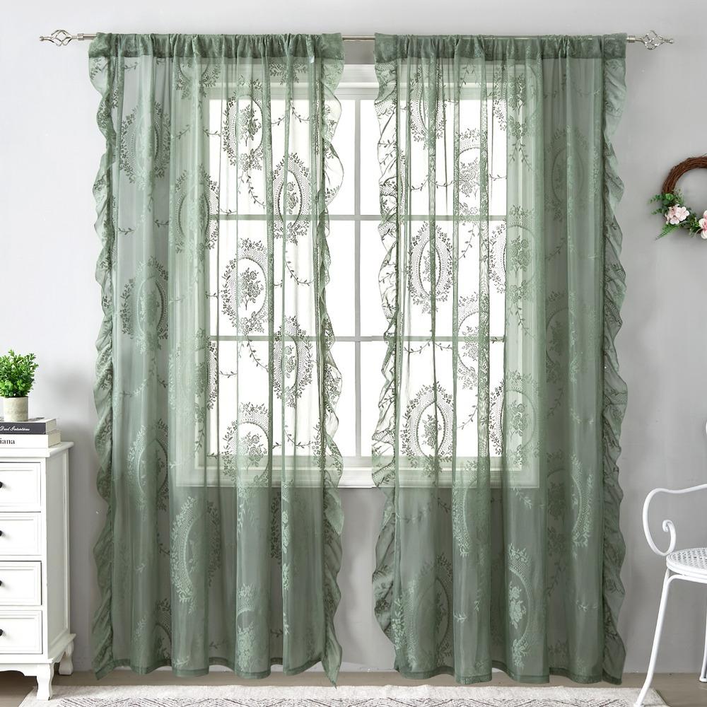 2 Pcs Retro Gauze Curtain Ruffled Edge Voile Curtain Home Decor French Lace Floral Curtain  Bedroom