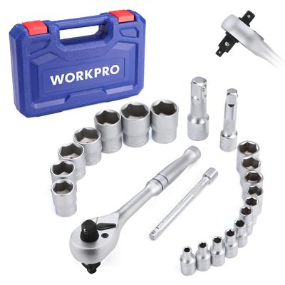 WORKPRO Набор гаечных ключей и головок для гаража с трещоткой и трещоткой Набор инструментов для ремонта мотоциклов и автомобилей с кейсом 22 предмета,