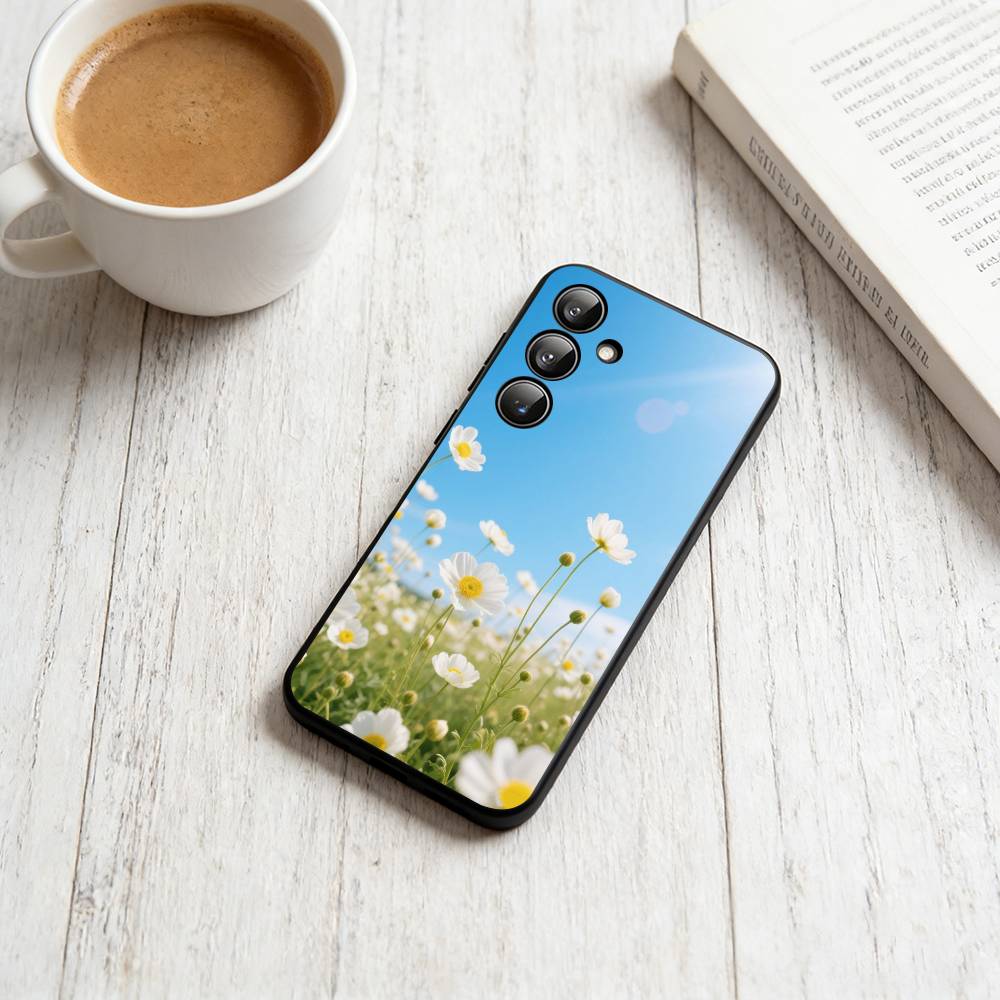 Чехол для телефона с ромашками для Samsung Galaxy A73, A72, A71, A70, A53, A52, A51, Другие Мягкий черный чехол