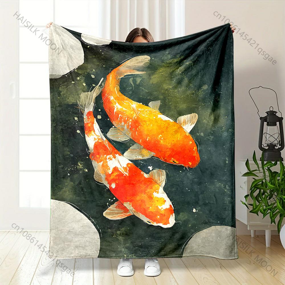 Multiple sizes Two orange koi swimming Print Blanket Warm Soft Suitable for All Seasons for Home Sofa Travel Camping Picnics RV
