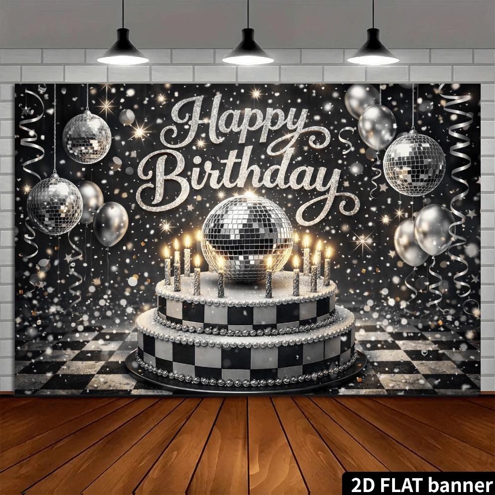 2D Flat Banner - Disco Ball Black and White Pattern Cake Birthday Background Cloth - Silver Ball Balloons and Snowflake Design