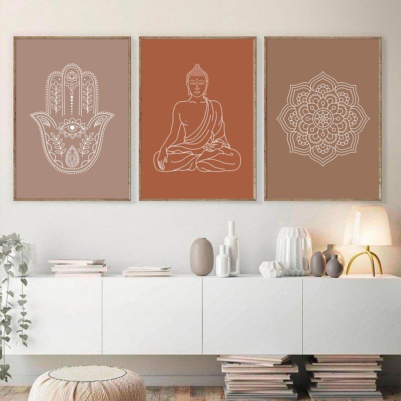 Мандала Будда Лотос Нейтральные цвета Бохо Wall Art Печать Холст Картины Плакат Изображение Дзен Йога Гостиная Домашний Декор Интерьера
