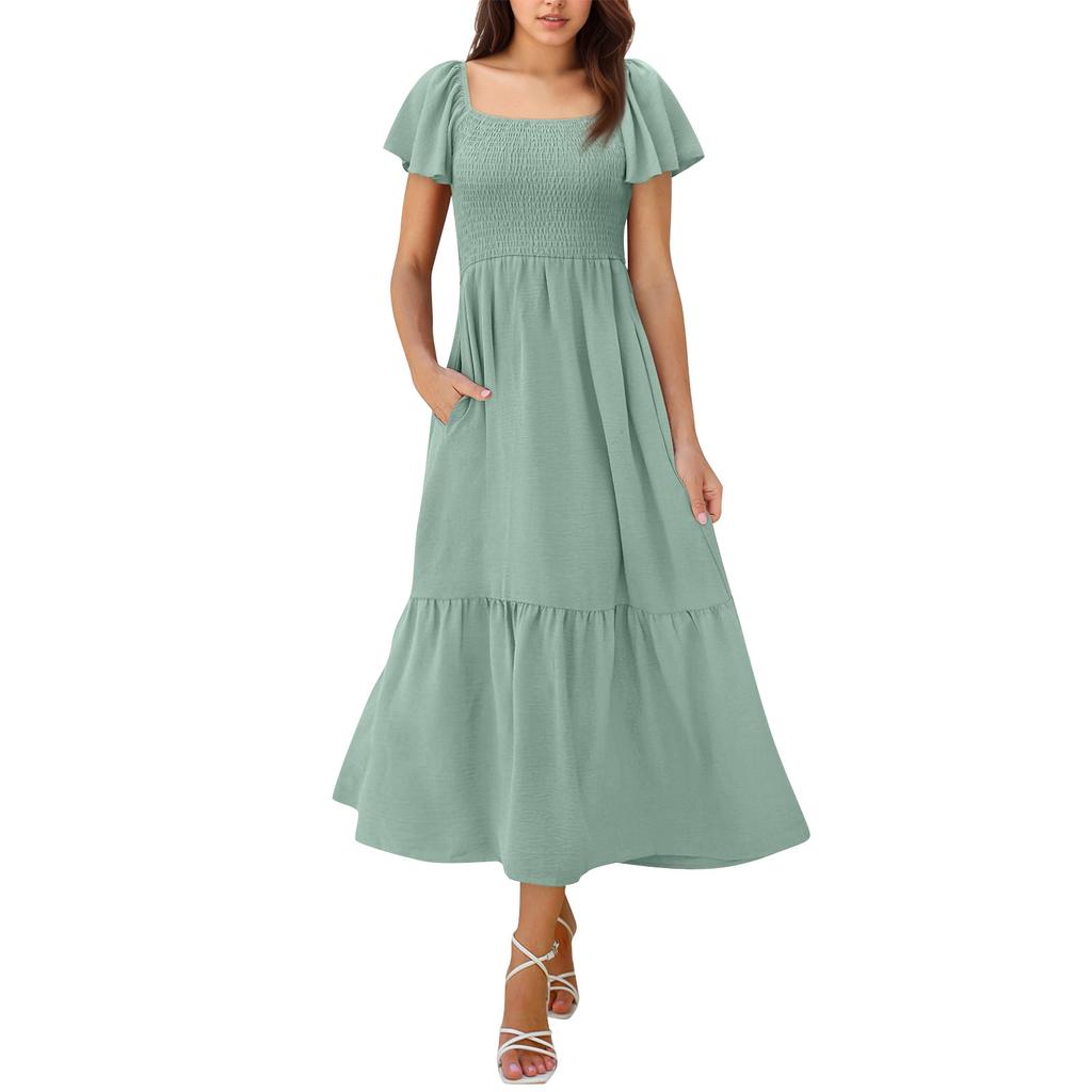 Women's Fashion Casual Maxi Dress Square Neck Bell Sleeves Ruffles Dress With Pockets