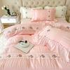 French Embroidered Lace Bubble Gauze Bedding Set Pink Elegant Princess Style Queen Duvet Cover Set Ruffled Comforter Cover Sets