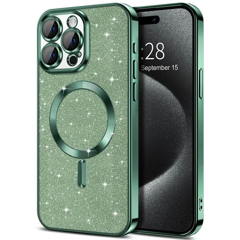 Electroplate Glitter Case For For Iphone 16 15 14 13 12 11 Pro Max Plus For Magsafe Wireless Charge Bumper Cover With Lens Protector