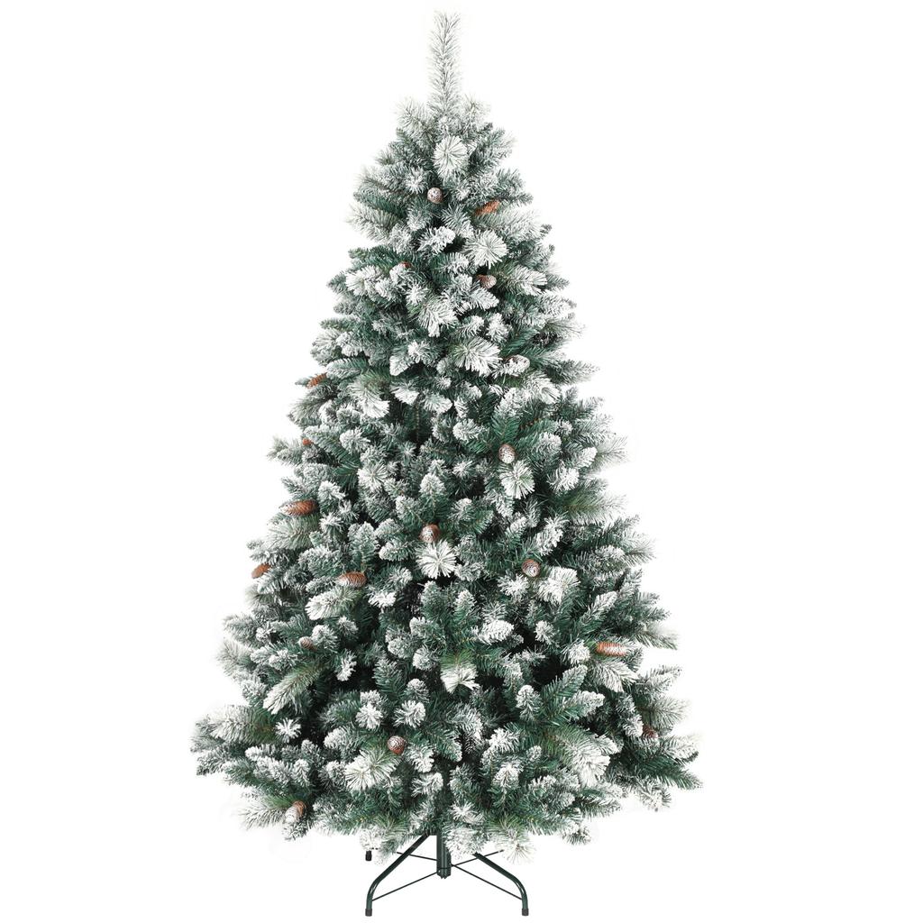 Artificial Christmas Tree 180 cm Artificial Fir Tree with Snow, 1000 Tips 34 Pine Cones Wide Base