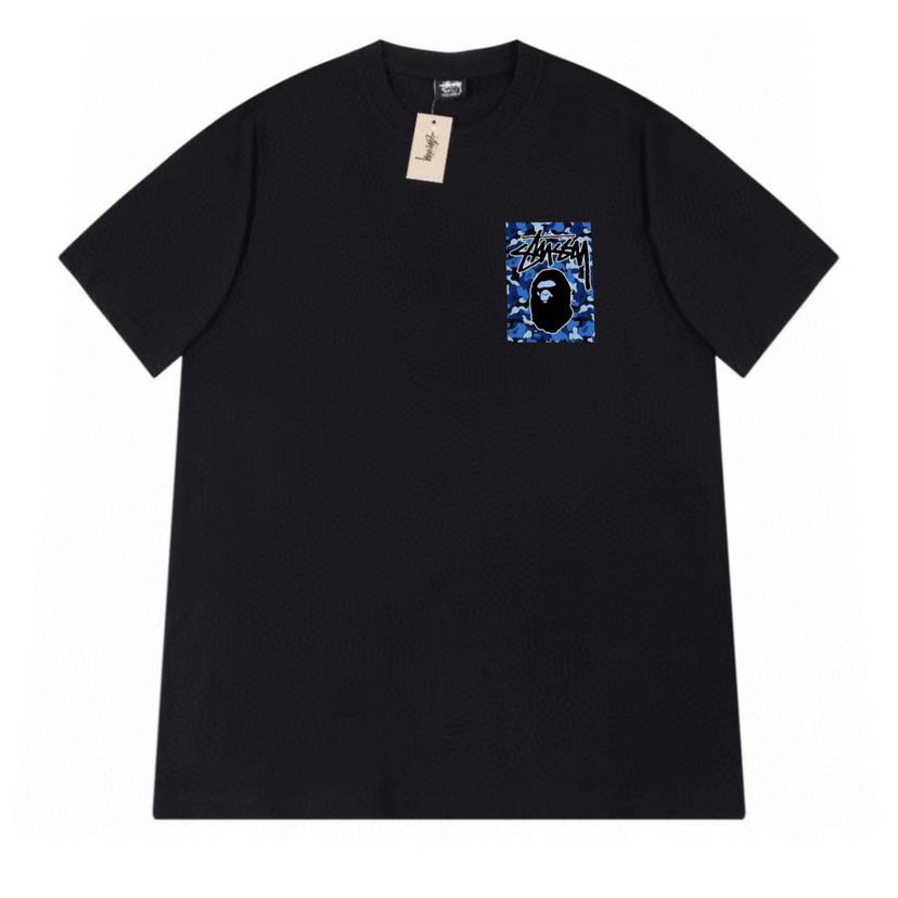 Stussy 2025 Летняя новая высококачественная хлопковая футболка с круглым вырезом для мужчин и женщин Классическая футболка с принтом буквы X BAPE для пар
