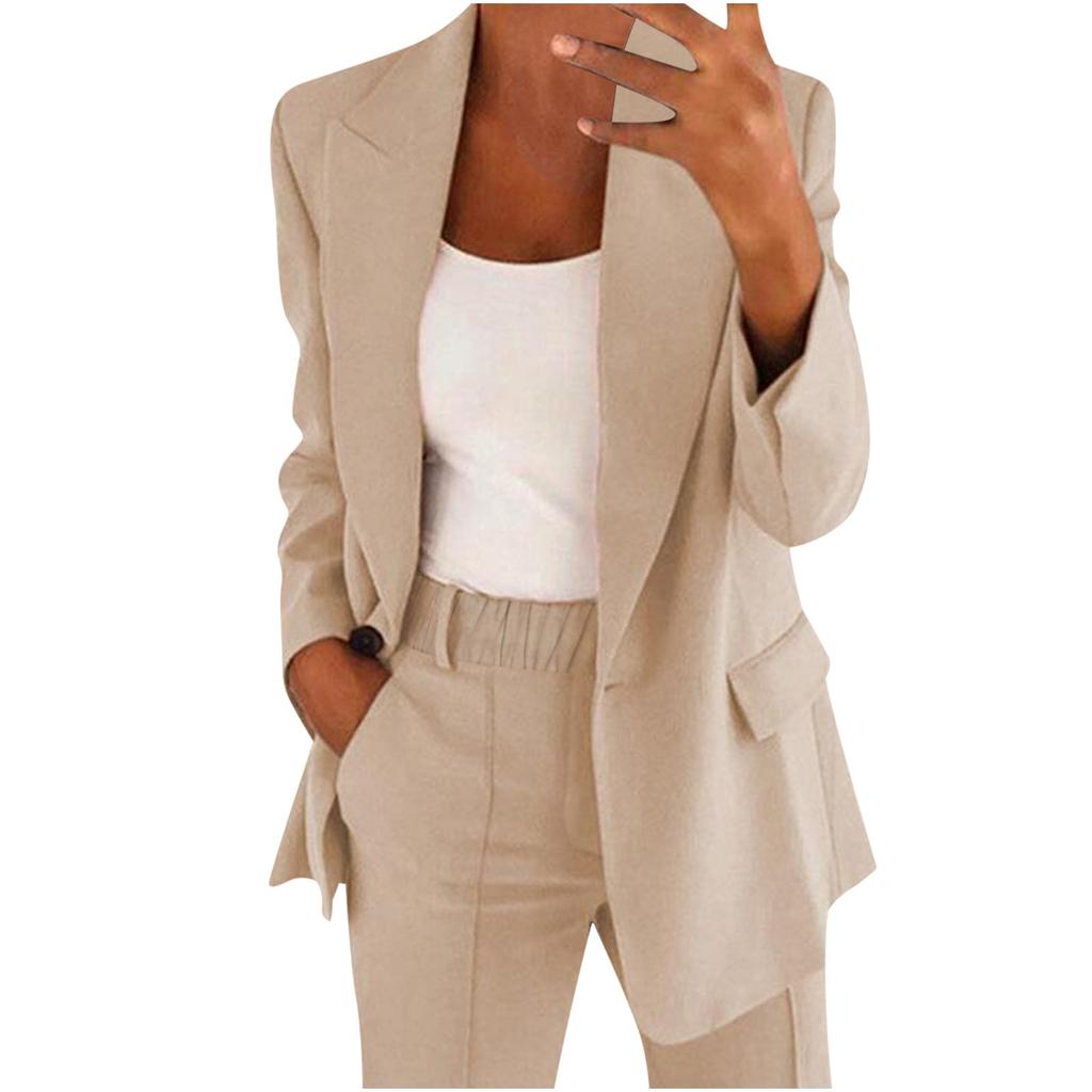 Women's Casual Long Sleeve Solid Color Lapel Cardigan Suit Jacket Pants Suit