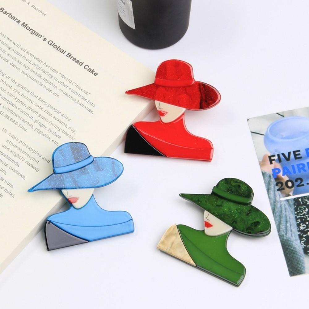 Cartoon Women Portrait Pin Large Modern Girls Badge Lady with Hat Brooch Clothing Accessories