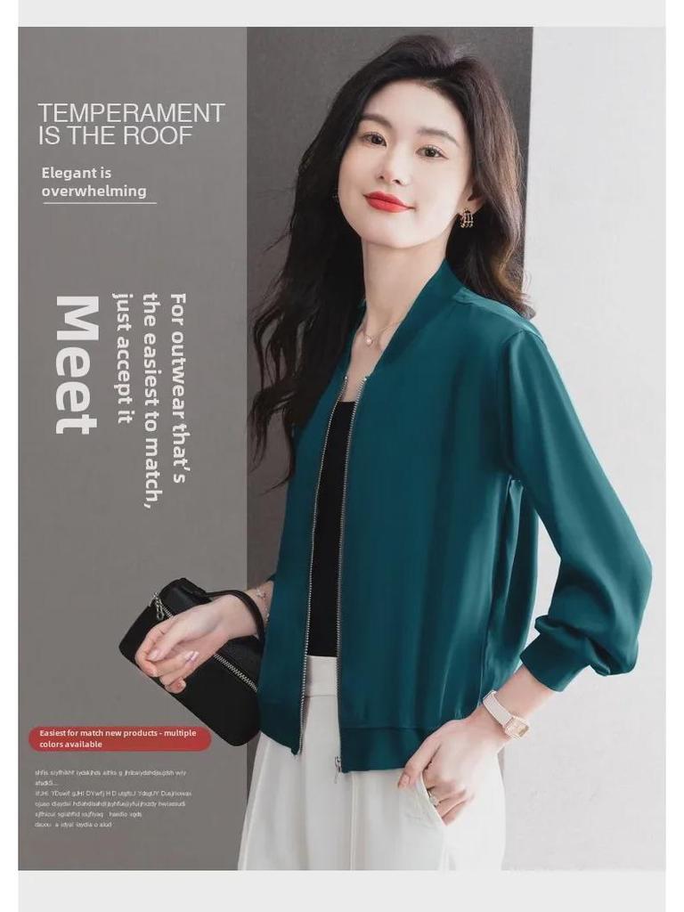 Весна 2024 Женская свободная бейсбольная куртка из ацетатного атласа - Повседневный короткий кардиган с длинными рукавами