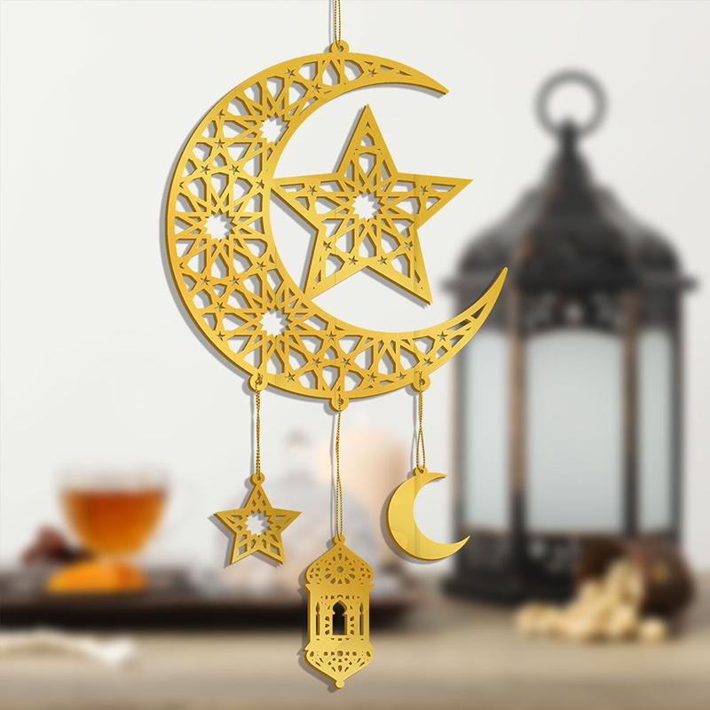 Акриловая настенная подвеска Ид Мубарак Зеркало Золотая Рамадан Карим Дверная табличка Подвесное украшение Луна Звезда Подвески