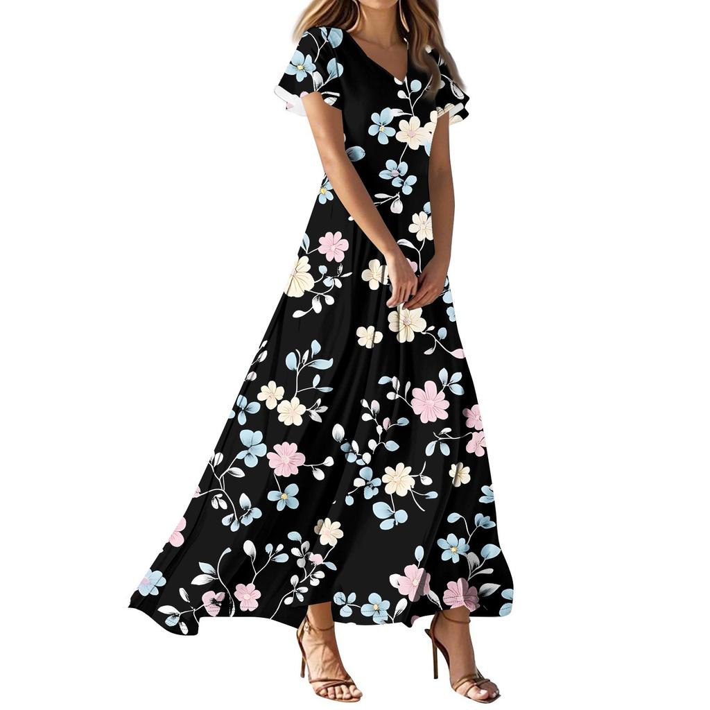 Женские повседневные модные длинные платья с принтом, платья с V-образным вырезом и коротким рукавом