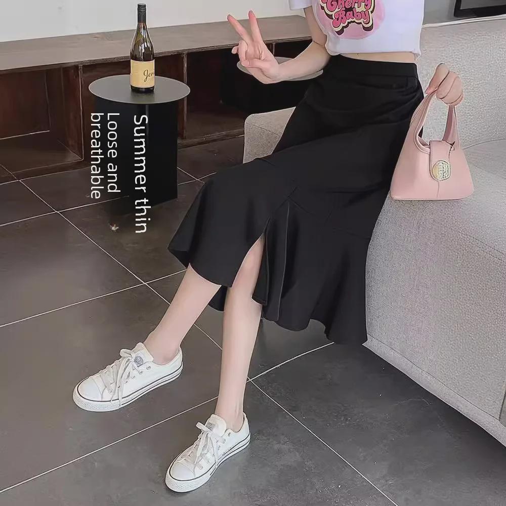 Черная юбка-рыбий хвост А-силуэта с высокой талией - весна, размер плюс, прикрывает живот, утягивает