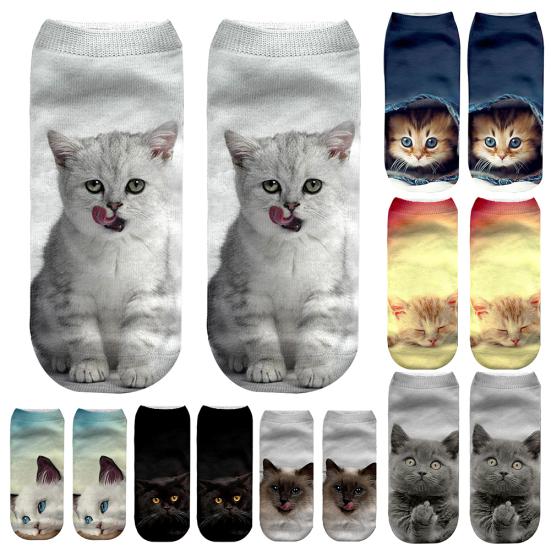 Cute 3D Cat Animal Print Women Breathable Polyester Elastic Low Cut Ankle Socks