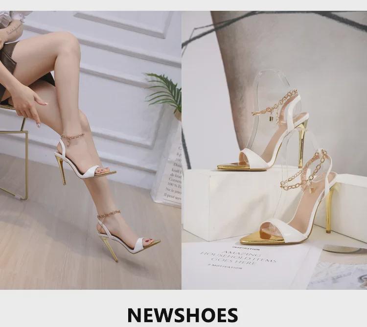 2022 Women's Candy Color Pointed Toe High Heel Sandals with Metal Chain In Large Sizes