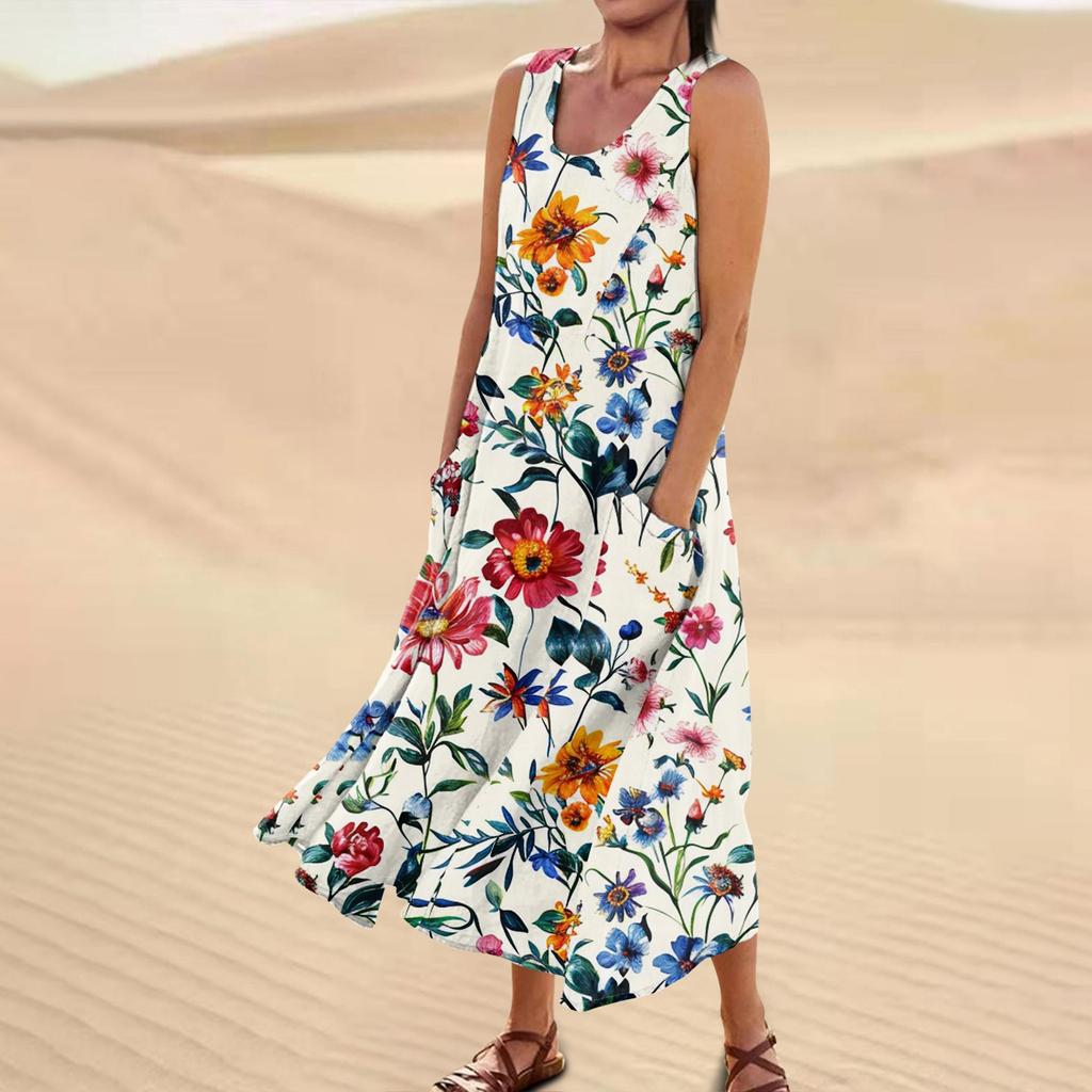 Женское повседневное удобное хлопковое карманное платье без рукавов с цветочным принтом