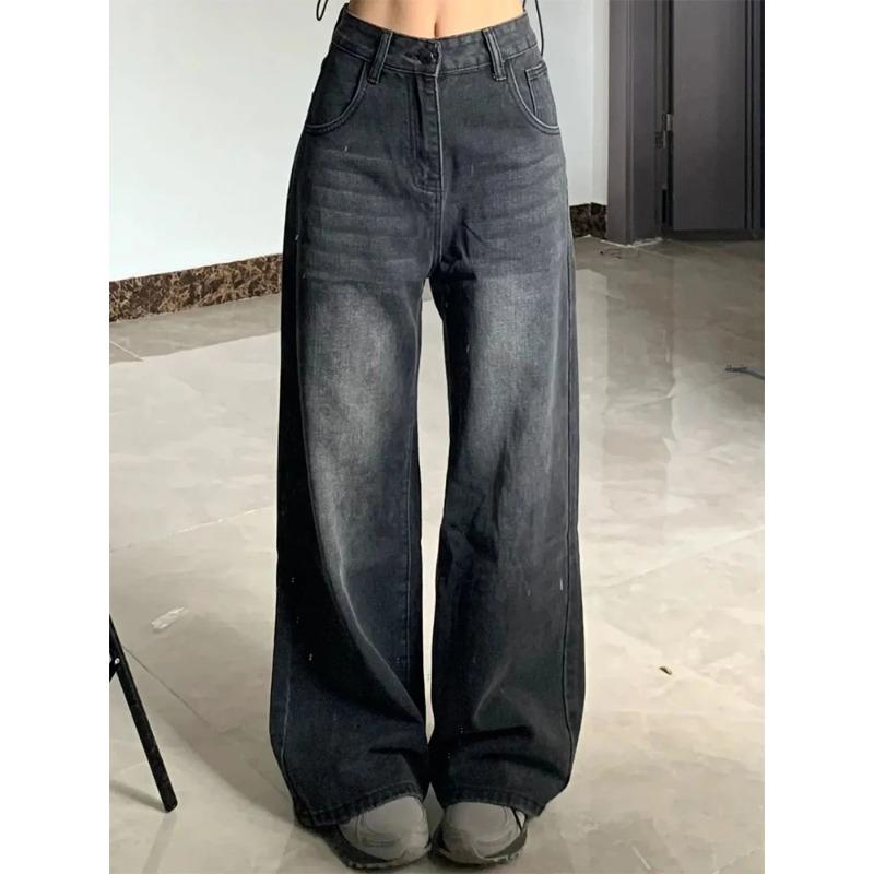 Korean Vintage High Waist Women's Jeans Y2K Slimming Pear-Shaped Loose Straight Bell Bottoms Black Gray Baggy Denim Trousers