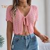 Women Crochet Tops Short Sleeve Lace-up Hollow Design Knitting Tops Sun Protection Summer Vacation Tops