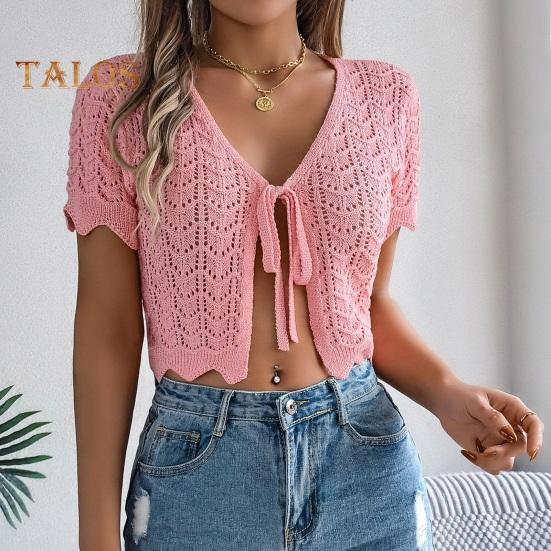 Women Crochet Tops Short Sleeve Lace-up Hollow Design Knitting Tops Sun Protection Summer Vacation Tops