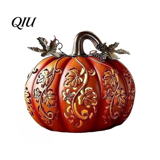 Retro Halloween Prop Light-Up Gourd Decoration, LED Twinkling Pumpkin Lantern, Resin Decorative Porch Figurine Ornament for Fall Indoor Outdoor