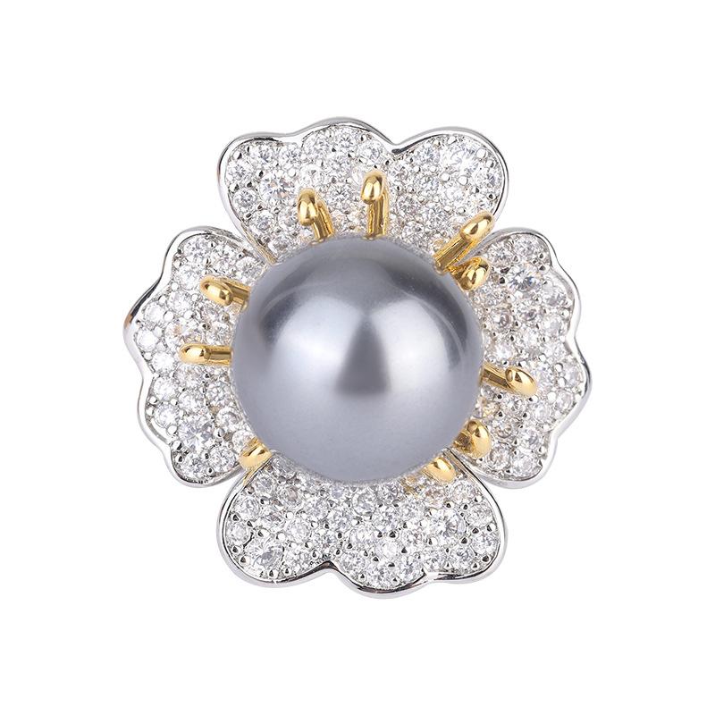 Ювелирные изделия Медное основание Позолоченное Инкрустированное золотом Белая бусина Светлый тычиночный бриллиант Инкрустированное кольцо 14 мм