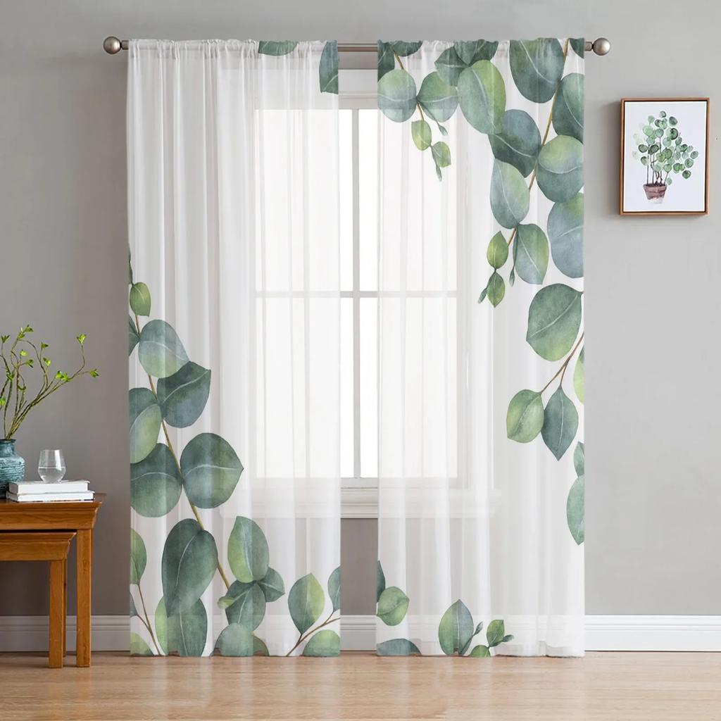 Green Leaves Plant White Tulle Window Curtains Living Room Organza Yarn Sheer Voile Curtain Bedroom Kitchen Home Decor Drape