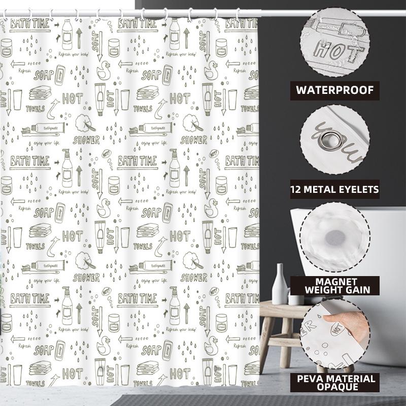 3D-печатная шторка для душа из ПЭВА с крючками – Толстая, водонепроницаемая, устойчивая к плесени перегородка для ванной