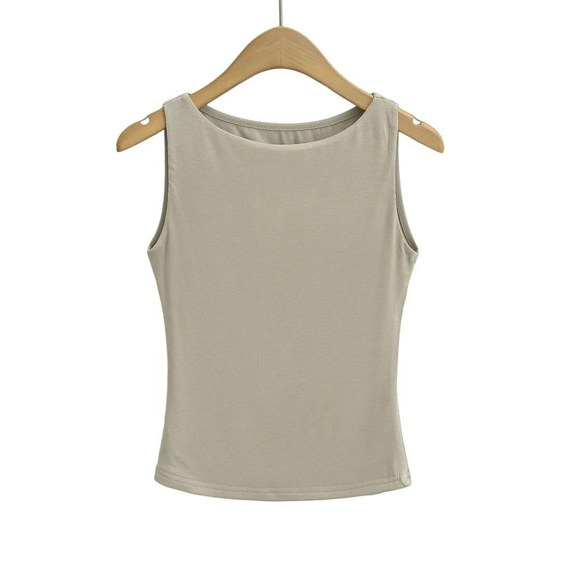 Women Double Layer Boat Neck Soft Slinky Tank Top