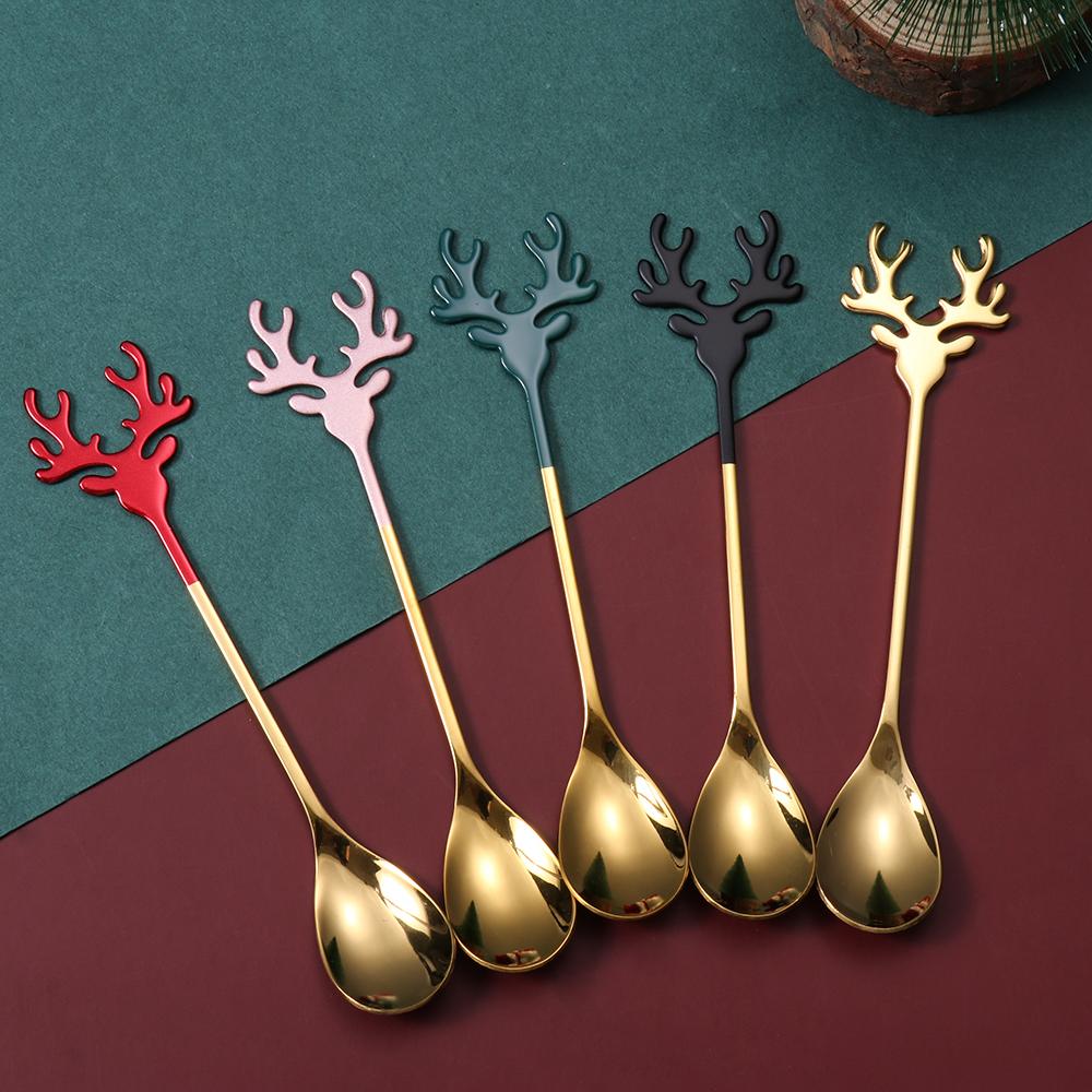 Desserts Christmas Deer Head Stirring Spoon Coffee Scoops Xmas Antlers Tea Scoop Christmas Spoons