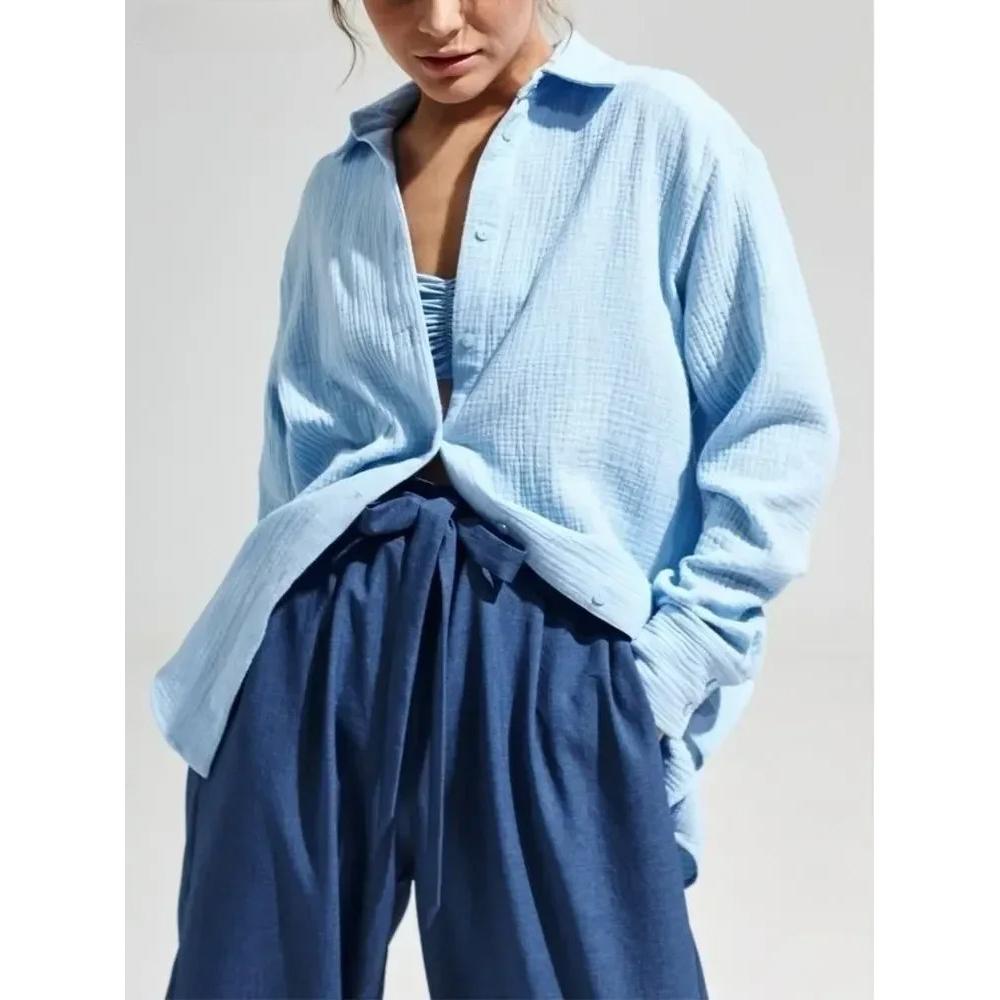 Женские Весенние Летние Рубашки 100% Хлопок Офисная Леди Модные Однотонные Женские Топы с Длинным Рукавом Свободного Кроя Креповые Рубашки