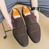New Brown Loafers Flock Double Buckle Monk Shoes Black Square Toe Slip-On Business Men Dress Shoes Size 38-46