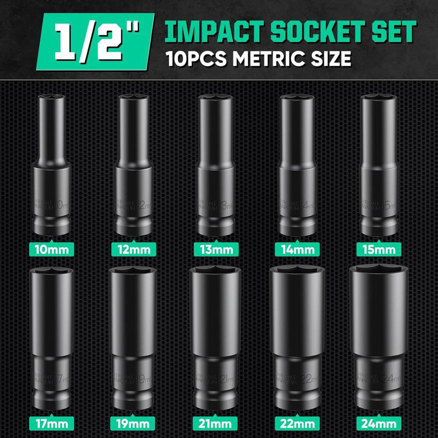 1/2Inch Drive 6-Point Impact Socket Set 10-20 pcs/set 8-32mm Metric Sizes Carbon Steel Impact Socket Set with Hard Storage Box