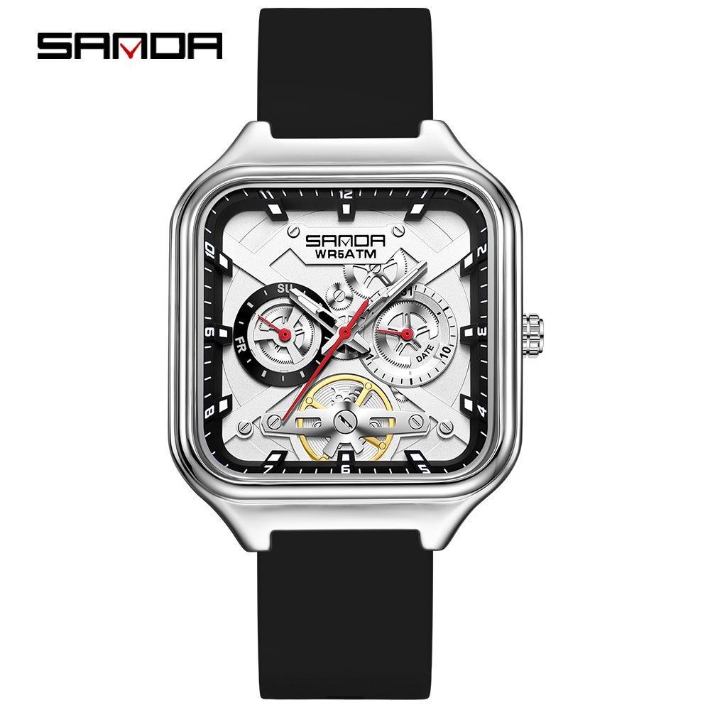 Luxury Men's Quartz Watch Fashion Square Case Week Date Display Waterproof with Silicone/Mesh Band Casual Wristwatch for Men