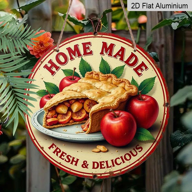 2D Flat 1pc, 8x8 in, Vintage-Style Aluminum Metal Sign - "Home Made" Apple Pie & Apples Decorative Wall Art, Garden Decor for Home, Bar, and More