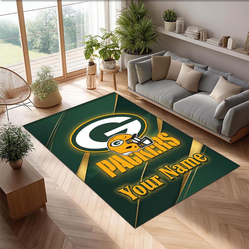 Green Bay Packers Crystal Velvet Rug, Custom Name Text Personalized Non‑Slip Floor Mat for Home Decor Gift