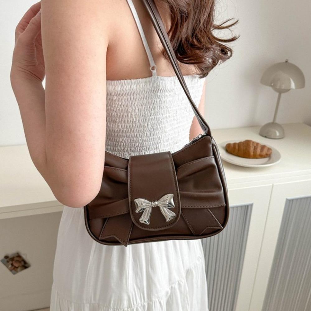 PU Leather Square Pleated Handbag Soft Bow Armpit Bag Elegant Bowknot Crossbody Bag Work