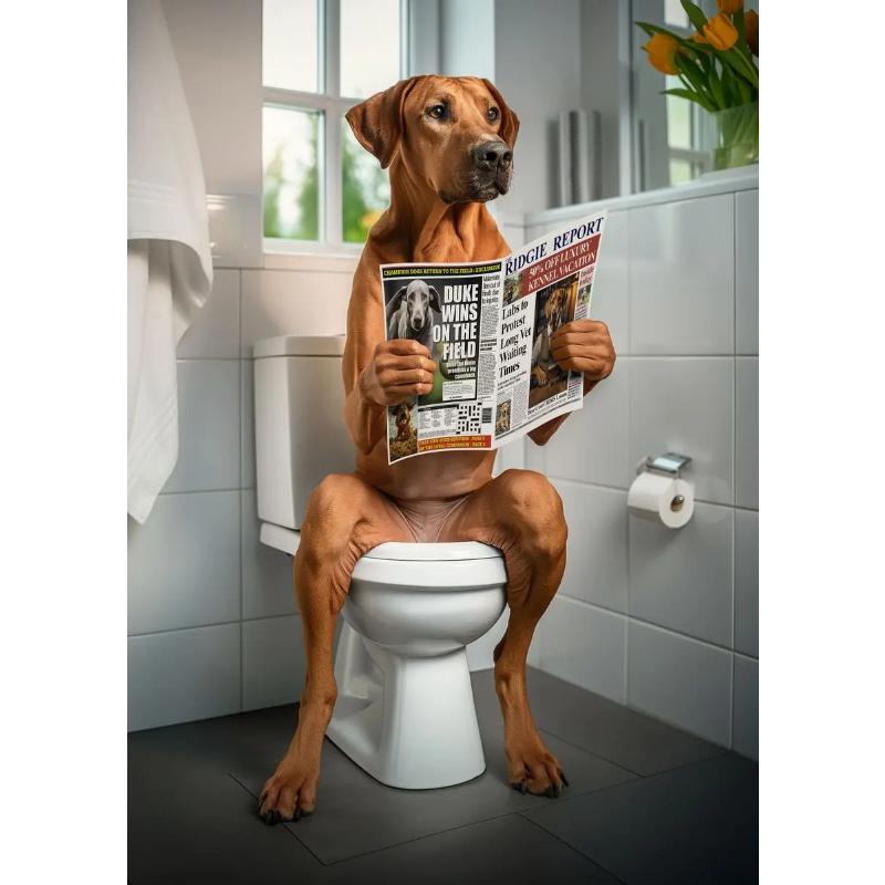 Современный лев, собака, хайленд, сидящая на унитазе и читающая газету, плакат, забавный принт с животными, картина на холсте, декор для ванной комнаты, картина