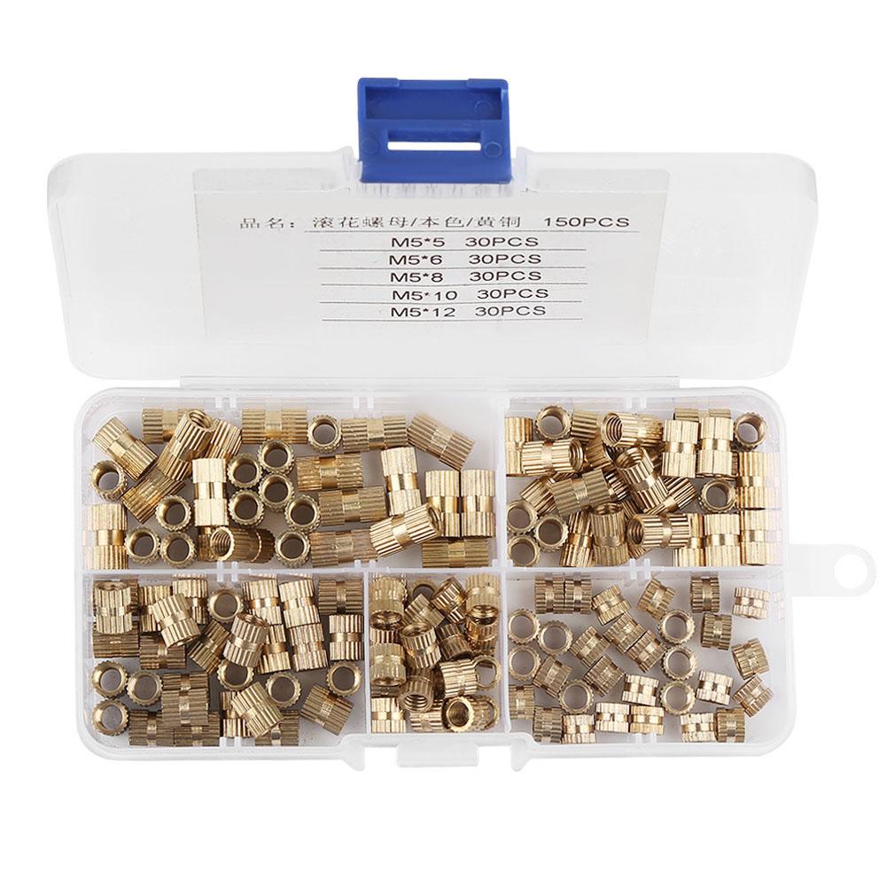 150Pcs M5 Brass Cylinder Knurled Nuts Threaded Insert Nuts Embedded Nuts Assortment Kit