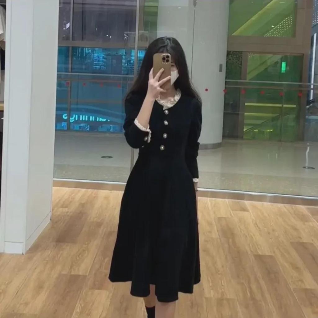 Черное платье А-силуэта в стиле ретро в стиле Хепберн с воротником-стойкой и оборками