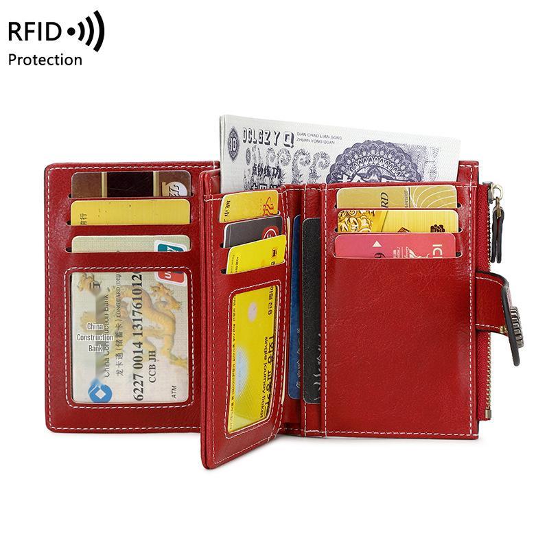 Women's RFID Anti-theft Leather Wallet: Multi-card Slot, Buckle & Zipper - European & American Fashion