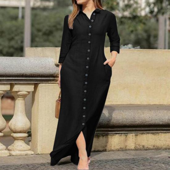 Spring Summer Women Dress Loose Pure Color Single-breasted Side Pockets Lapel V Neck Long Sleeves Split Hem Soft Breathable Casual Ankle Length