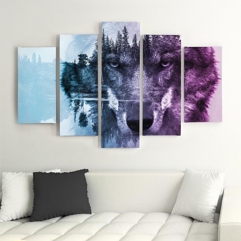 Feeby Five piece picture canvas print, Wolf in a forest - violet