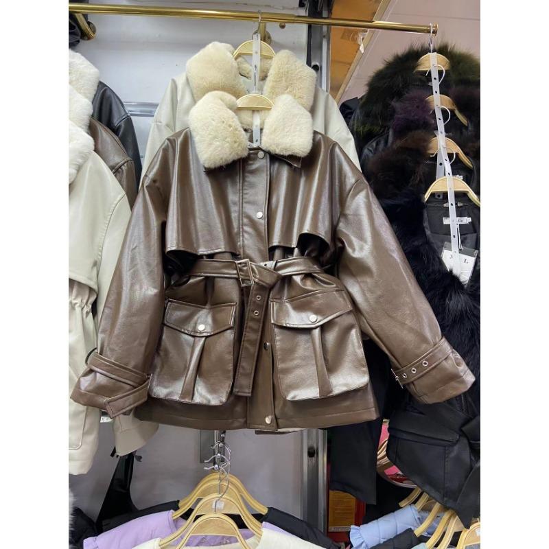 Leather Jacket Women's Mid-length Winter New Korean Style Loose Cotton Jacket Plus Velvet Thickened Motorcycle Popular PU Leather Jacket