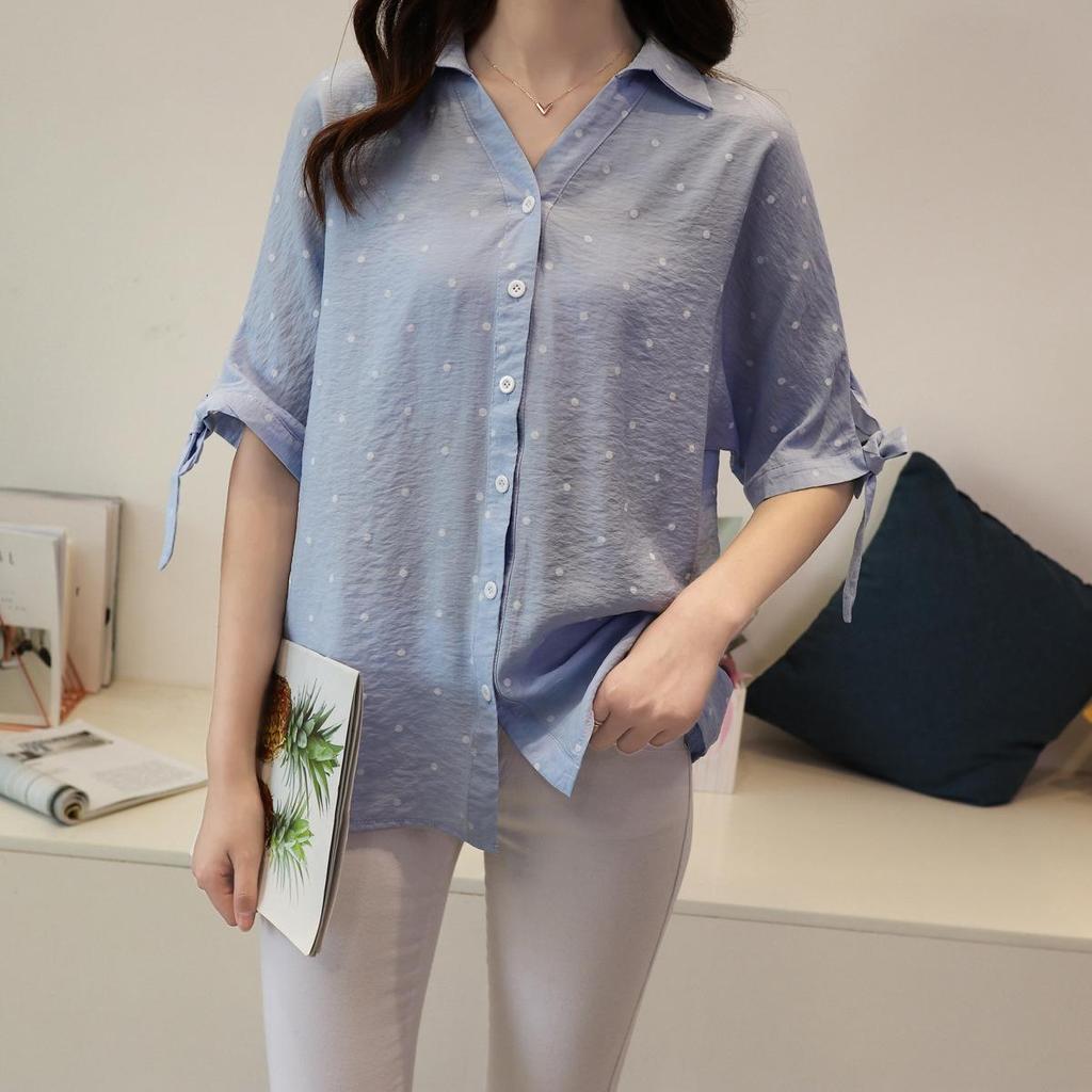 Белая блузка с длинным рукавом в горошек - Женская в корейском стиле, свободного кроя, приталенный топ для весны и осени 2025