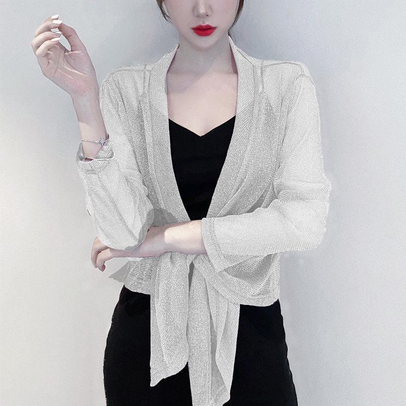 1 шт., нейлоновая кружевная трость с длинными рукавами, свободная тонкая шаль снаружи, женская солнцезащитная рубашка, летняя короткая куртка, топы, перламутровый кардиган из ледяного шелка, кружевные пальто