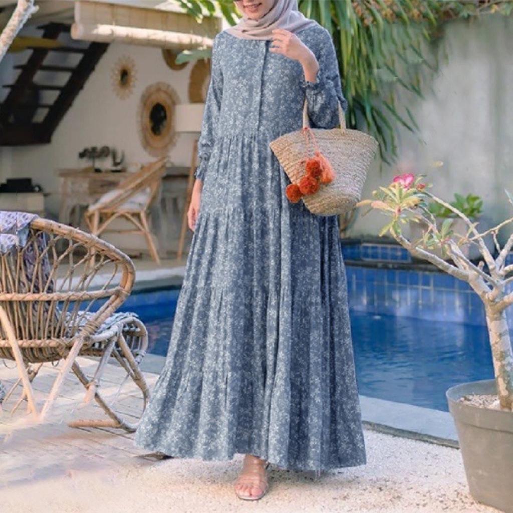 Womens Layered Floral Printed Full Sleeve Muslim Casual Long Dresses