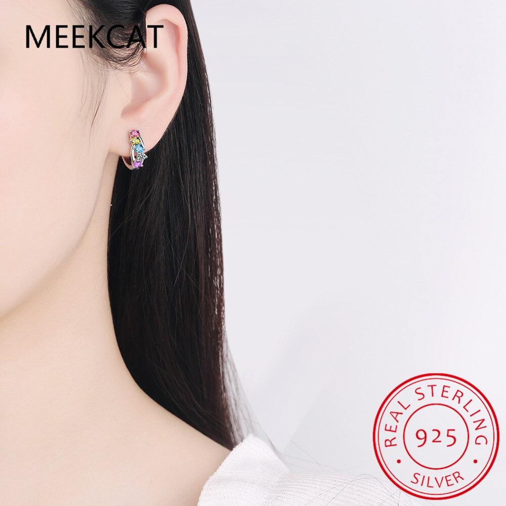 Real 925 Sterling Silver Simple Circle Rainbow Color Zirconia Hoop Earrings For Women Elegant Trendy Fine Jewelry Brincos