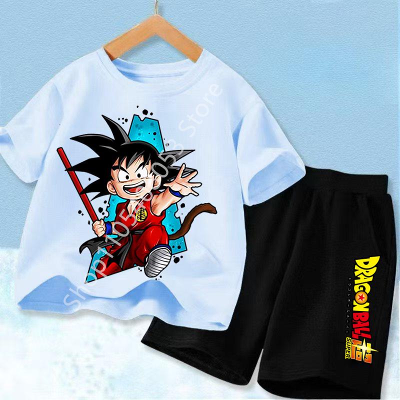 2026 Anime Cool Goku Dragon Ball Z Boys CosPlay Short Sleeve Shorts with Pocket Beach Pants Breathable T-shirt Kids Suit