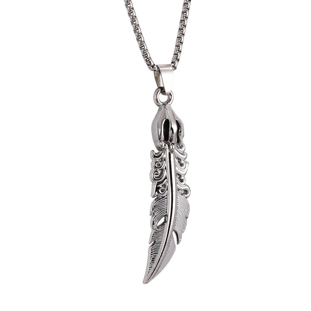 2025 Retro Feather Pendant Necklace - Personalized, Trendy European & American Style, Simple Long Stainless Steel Jewelry