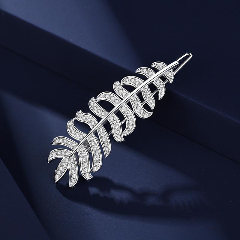 Elegant Feather Design Hair Clip Cubic Zirconia Full Paved 925 Silver Hairpin Daily Hair Accessories